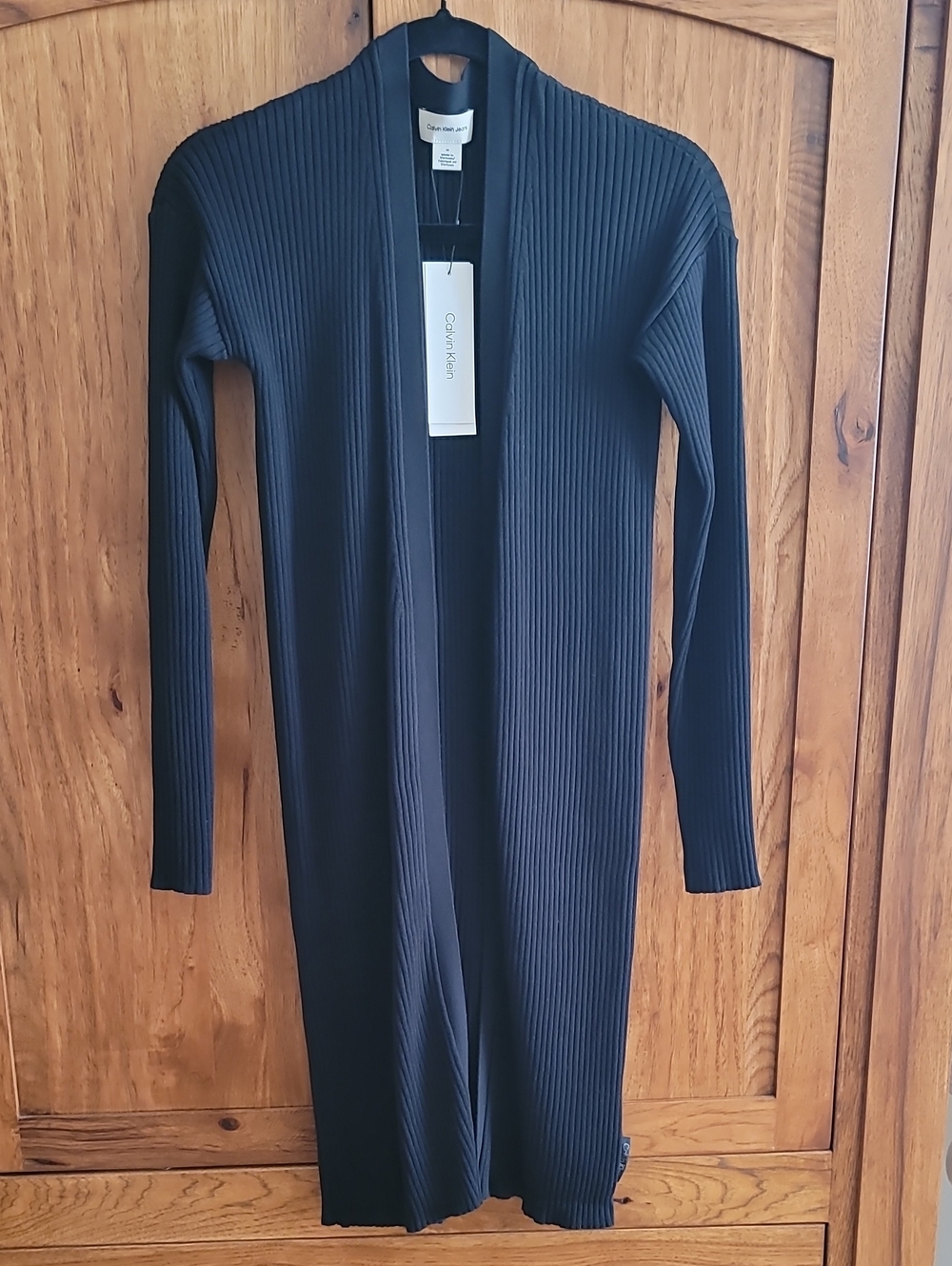 Calvin Klein 100% Cotton Black Ribbed Open-Front Long Sleeve Duster
